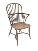 19th century yew and elm Windsor armchair, with hoop and spindle back, curved arm terminals, shaped