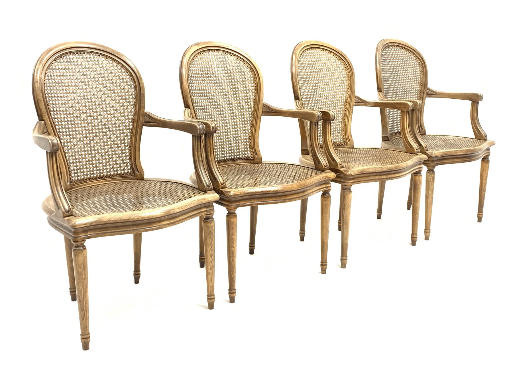 Set four French style berg�re open armchairs, moulded beech frames, curved cane work backs and serpe - Image 2 of 3