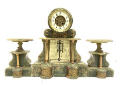 Large Victorian onyx garniture, comprising of clock with white enamel dial and Arabic chapter ring,