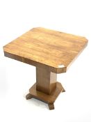 Early 20th century Art Deco walnut lamp table, square top with canted corners raised on square secti
