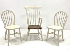 White painted farmhouse carver, with an ash saddle seat over ring turned supports, (W52cm) together