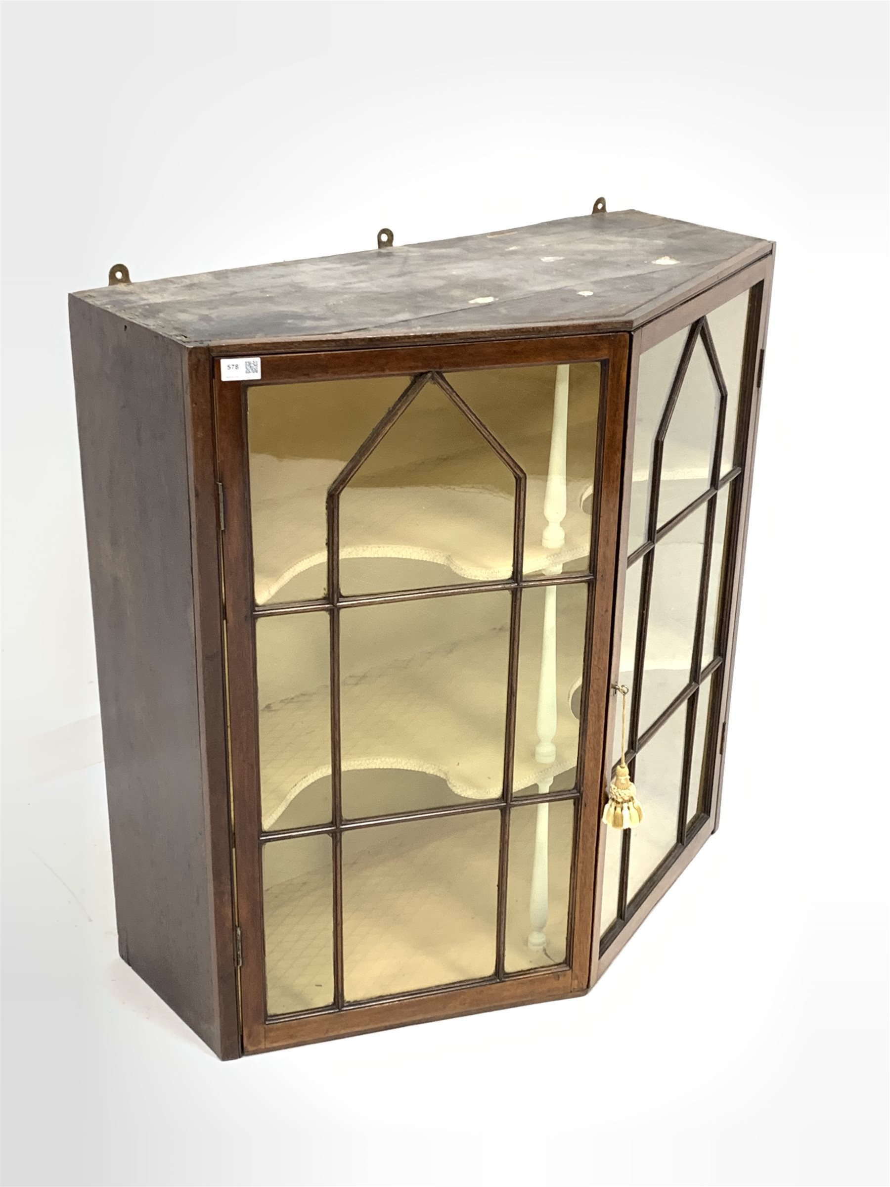 Mid 19th century oak wall hanging display cabinet, canted front with double astragal glazed doors en - Image 2 of 3