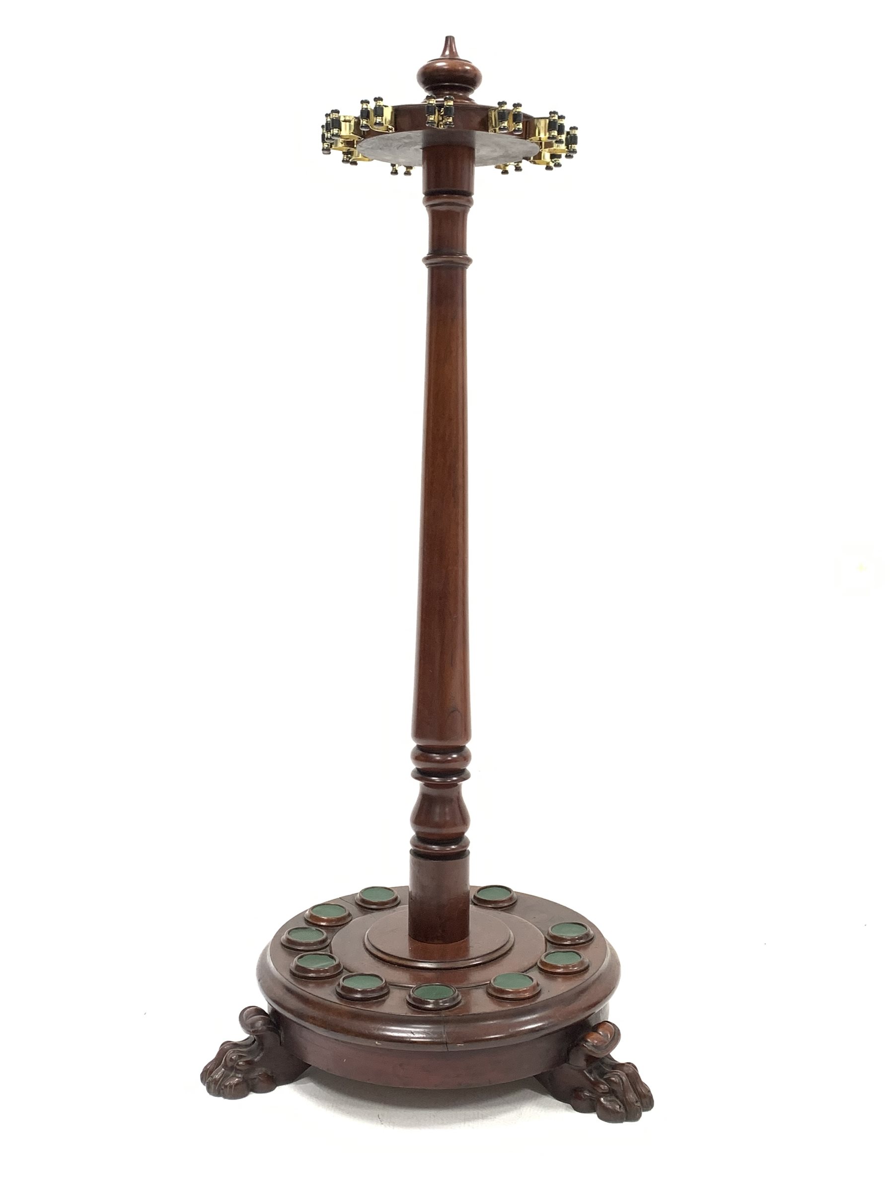 Victorian mahogany cue stand or rack, fitted to hold twelve cues, raised on three carved paw support - Image 2 of 4