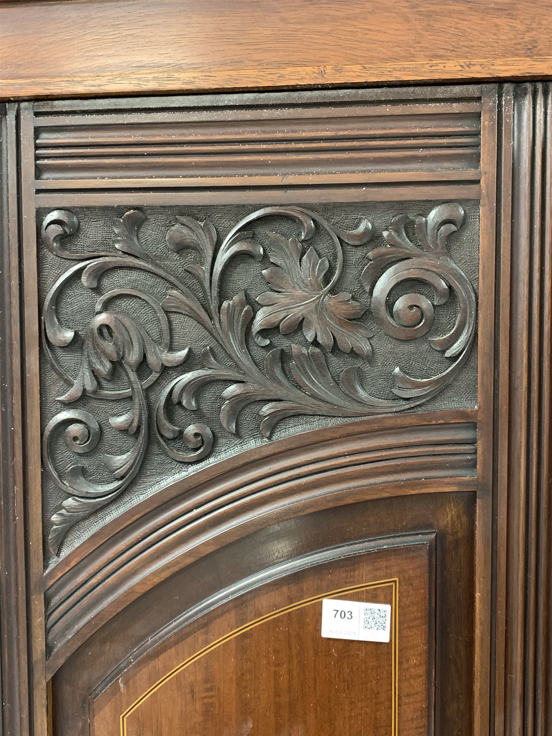 Late Victorian mahogany wardrobe, projecting cornice over panelled and carved front, centre bevelled - Image 7 of 7