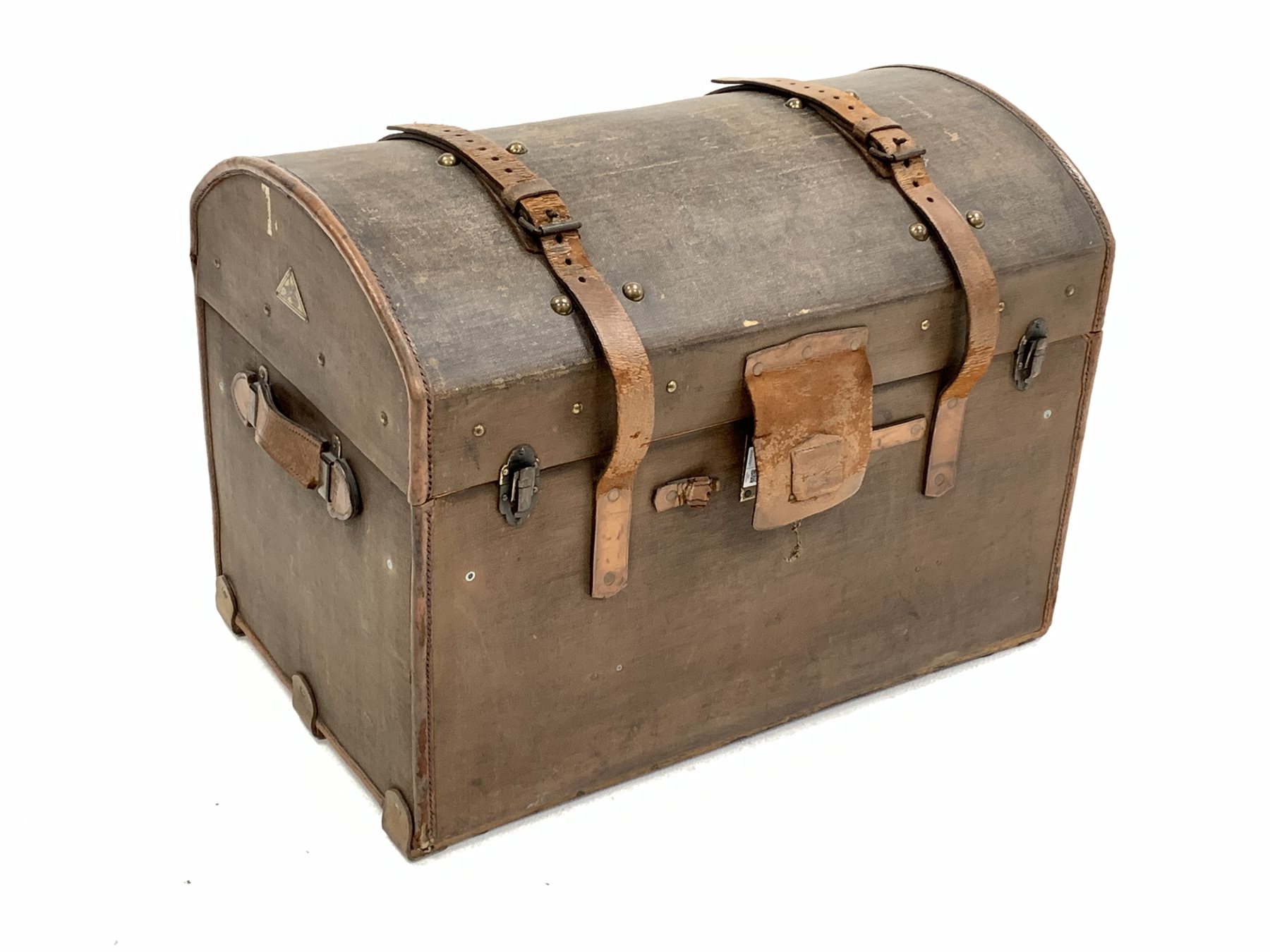 Early 20th century canvas covered and leather bound dome top travelling trunk, silk lined interior f - Image 2 of 3