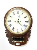 Mid 19th century mahogany drop dial wall clock, white enamel dial with Roman chapter ring inscribed