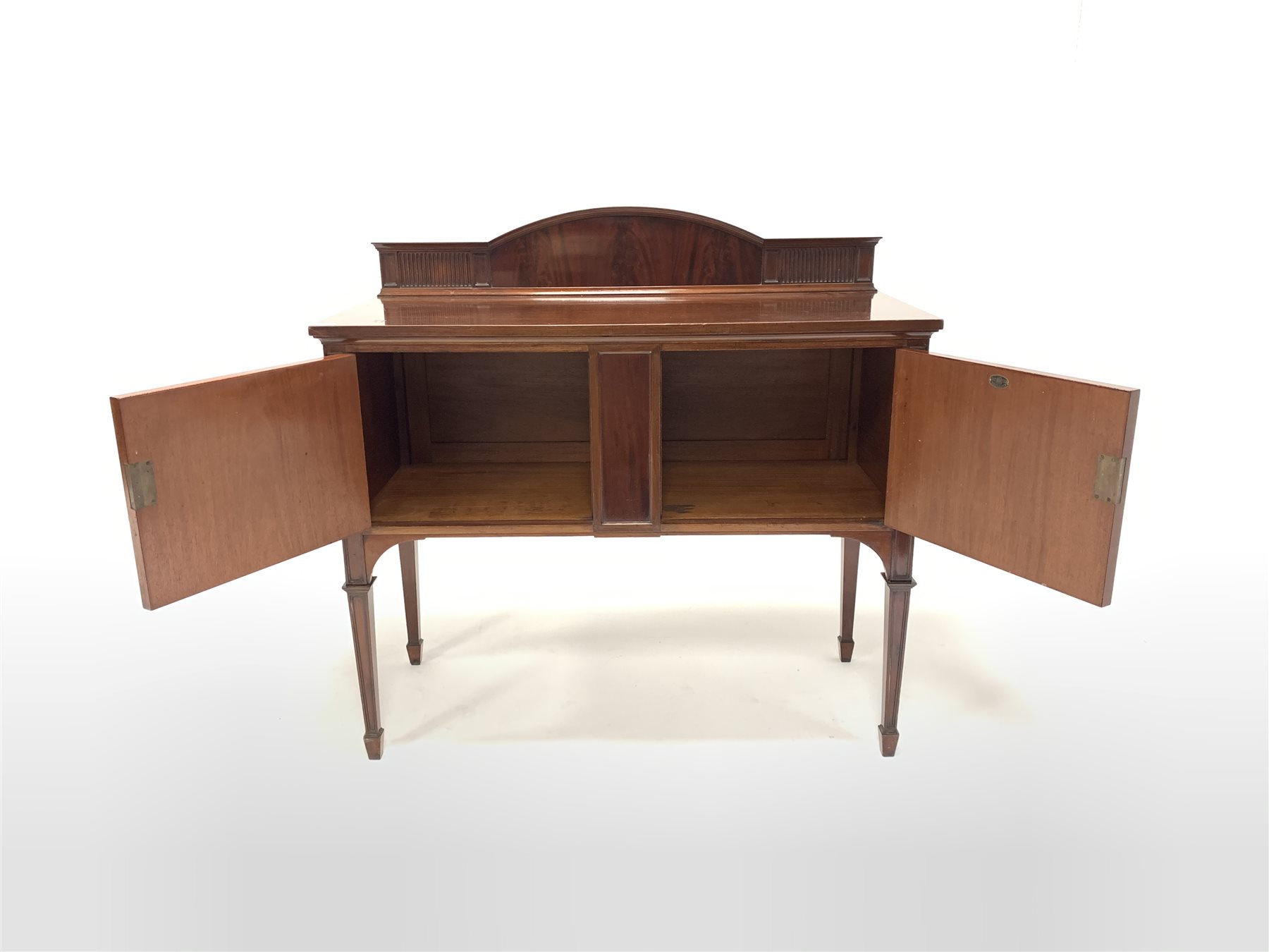 Georgian design mahogany sideboard, raised arched back with fluted decoration over two cupboards, ra - Image 3 of 4
