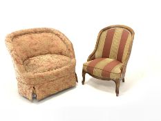 Early 20th century tub shaped upholstered chair, raised on turned oak supports with brass castors, (