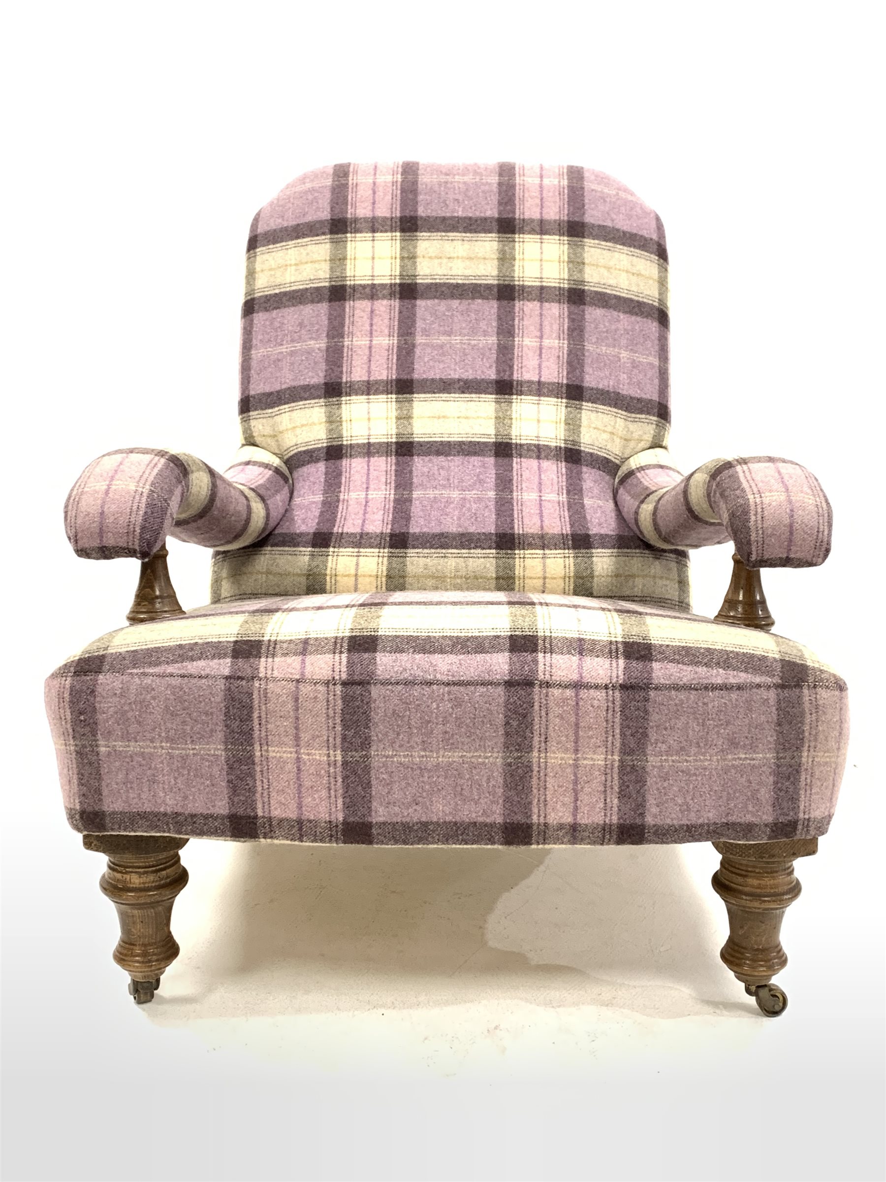 Victorian style low armchair upholstered in chequed wool, with open arms raised on turned oak front - Image 2 of 4