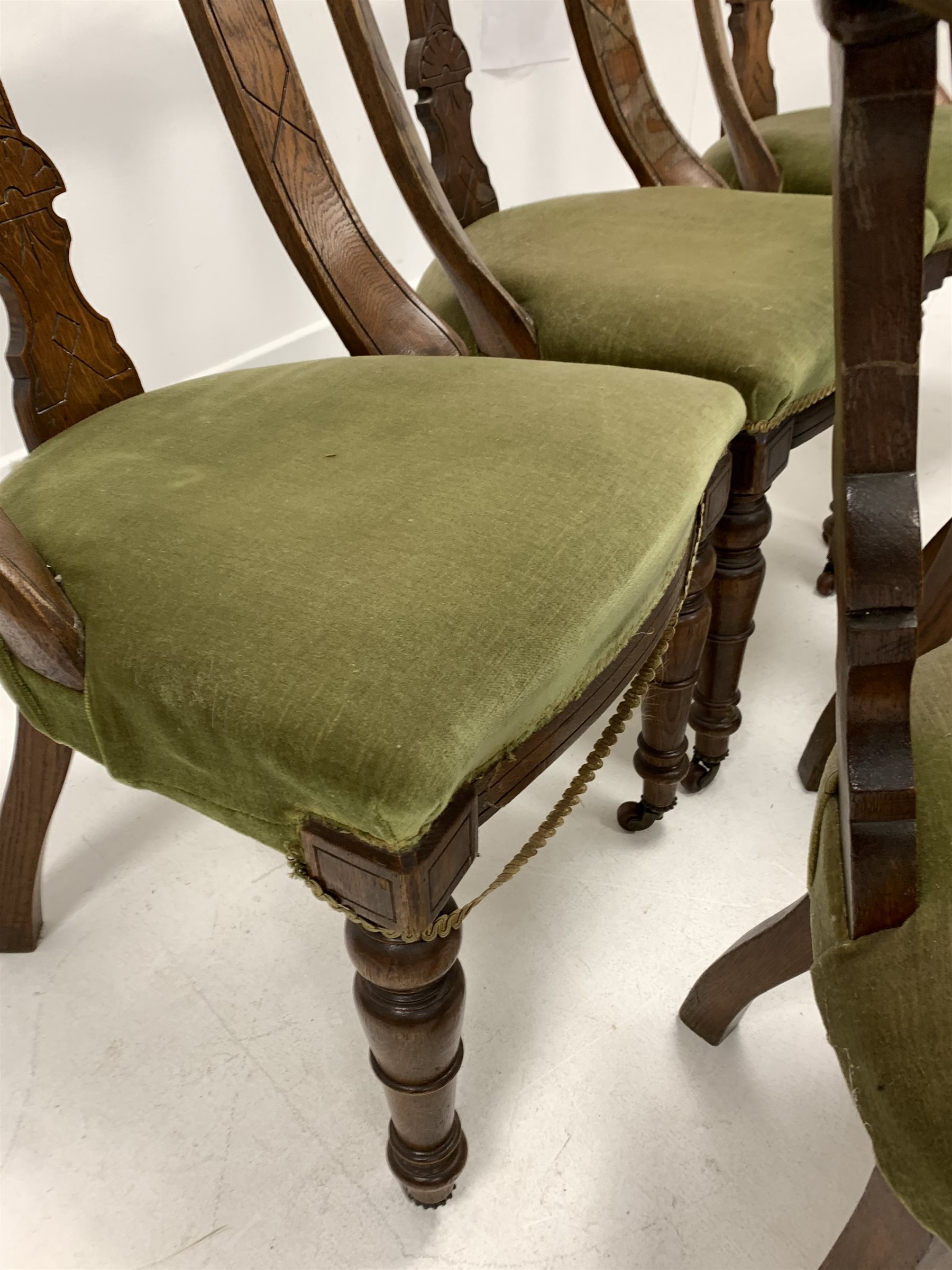 Set six Late Victorian oak dining chairs, lunette carved crest rail over upholstered seats, raised o - Image 3 of 4