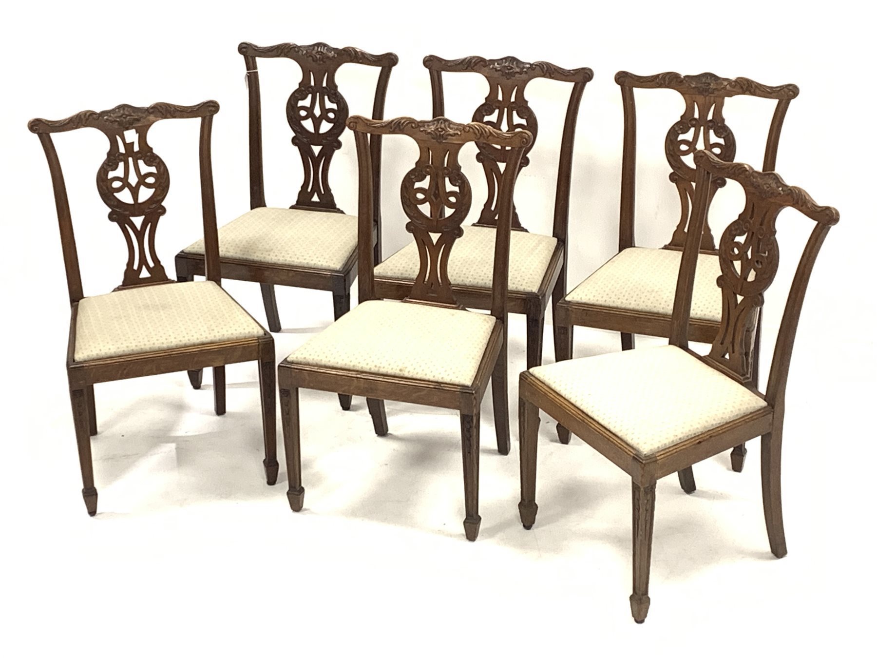 Set six early 20th century oak Chippendale style dining chairs, shaped cresting rail carved with scr