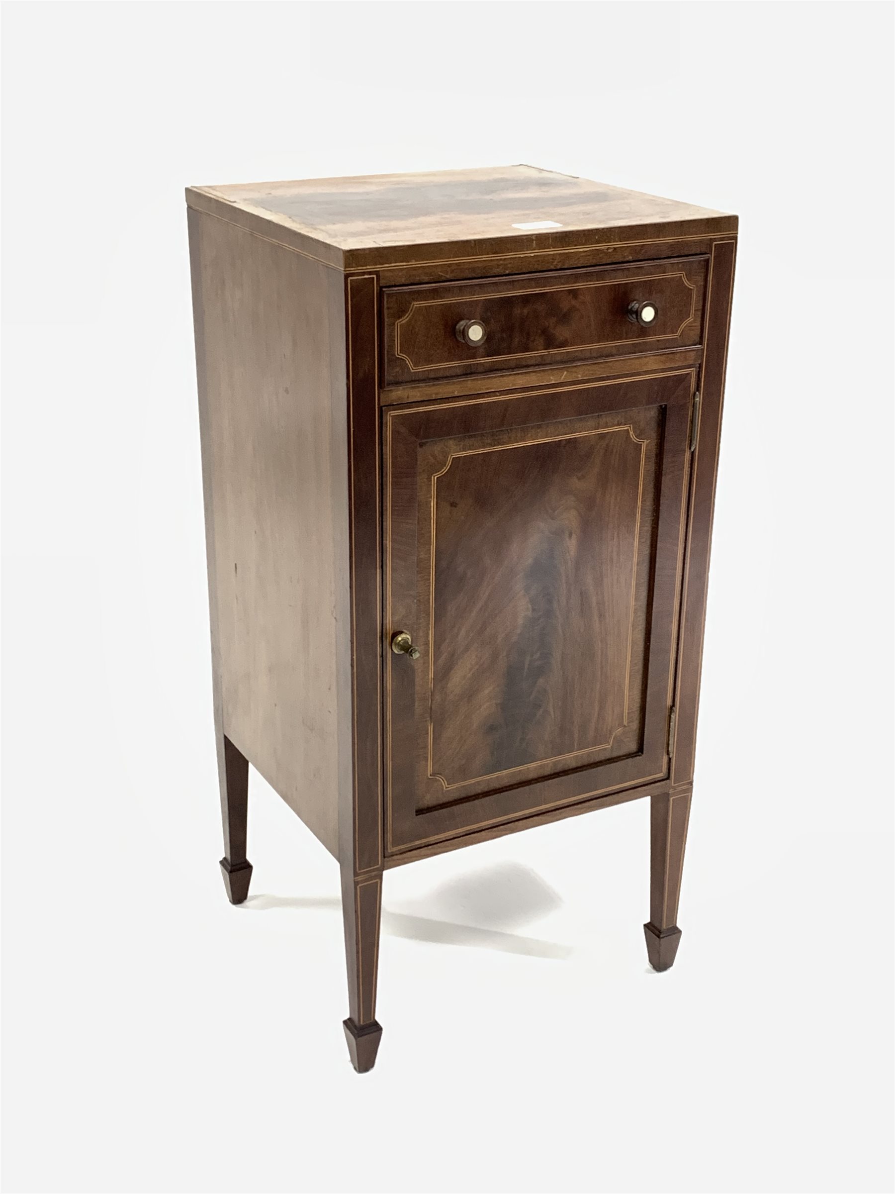 Edwardian cross banded mahogany and box wood and ebony strung bedside cabinet by Maple & Co, fitted - Image 2 of 7