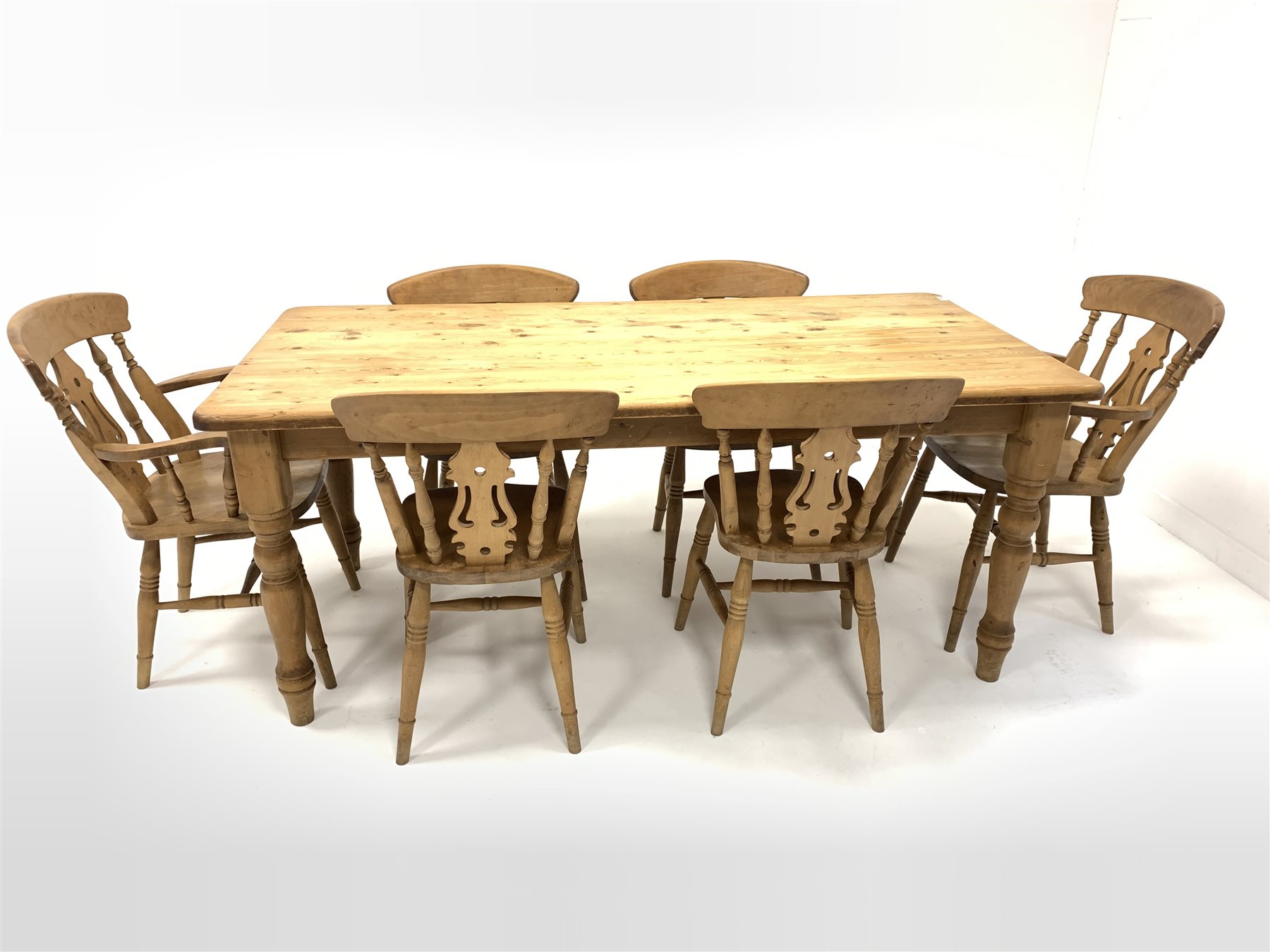 Scrubbed pine farmhouse kitchen dining table, (91cm x 186cm, H76cm) together with a set of six (4+2) - Image 2 of 5