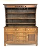 19th century oak and mahogany banded dresser, projecting cornice over pierced frieze on three height