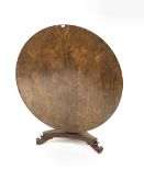 William IV rosewood tilt top breakfast table, the circular top over shaped apron, raised on baluster