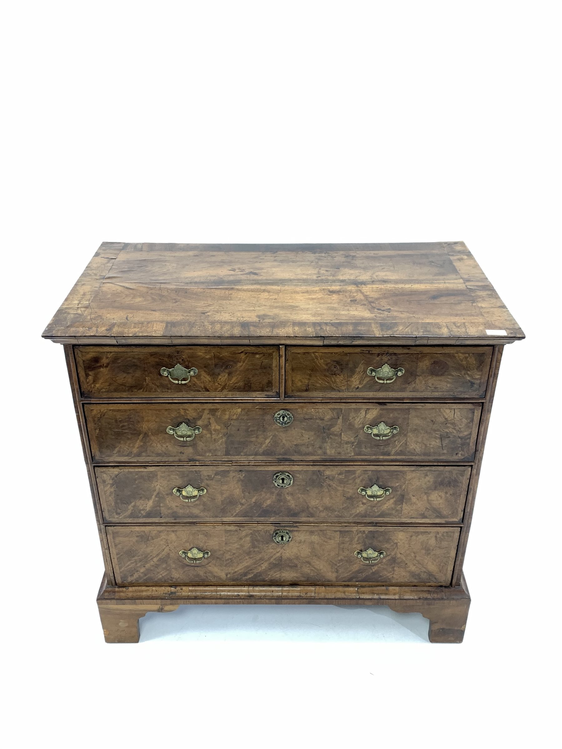 18th century walnut chest, cross banded top over two short and three long graduated drawers with her - Image 2 of 4