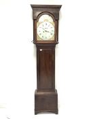 Early to mid 19th century mahogany longcase clock, dentil cornice over fluted frieze and arched door