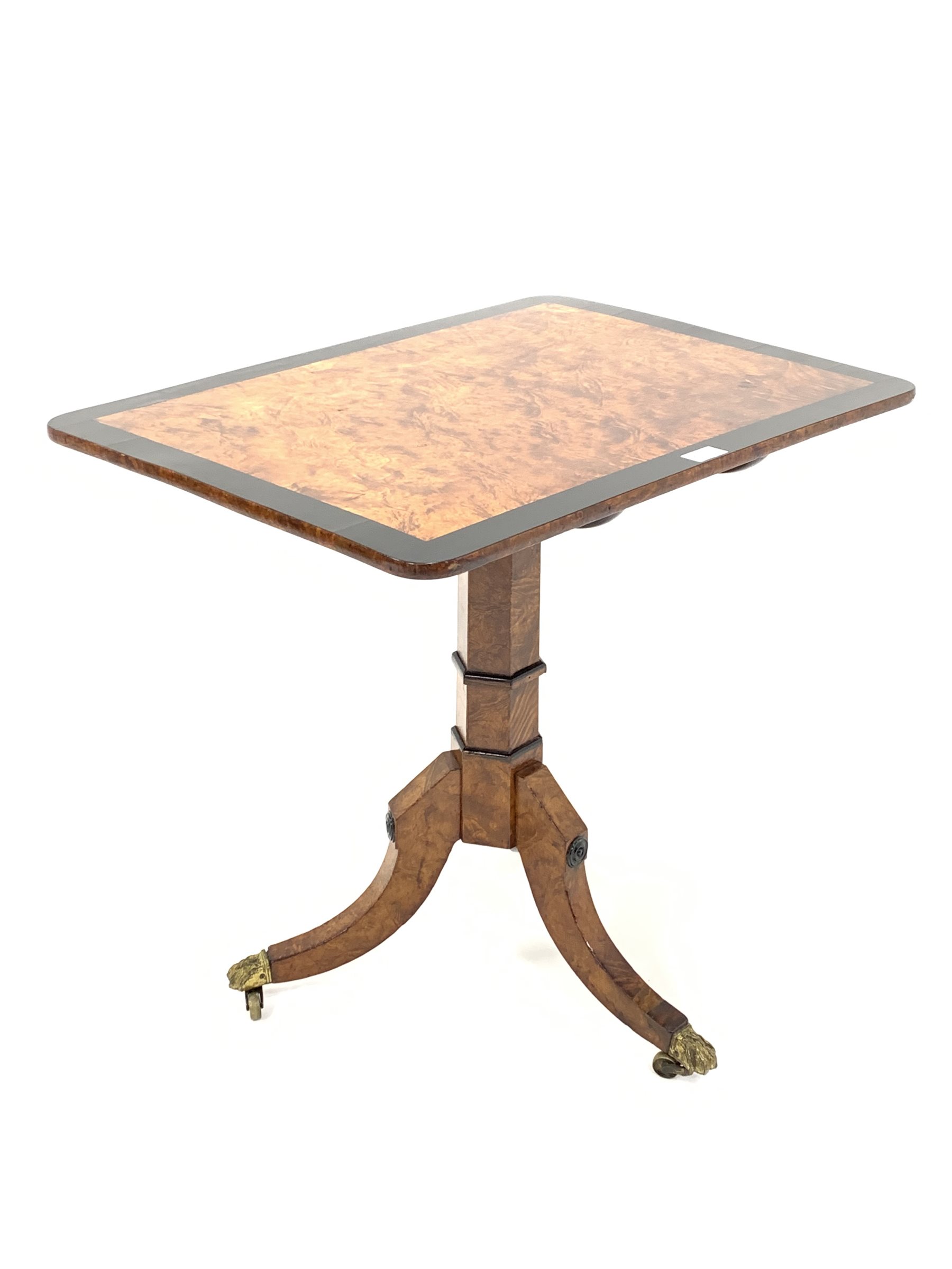 20th century birch tilt top occasional table, the rectangular top with ebonised crossband over octag