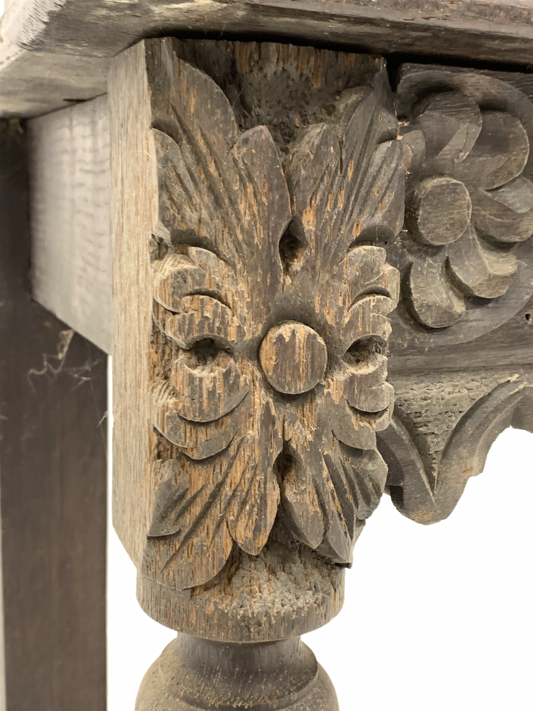 Victorian oak hall table, with raised back and frieze profusely carved with floral roundels, raised - Image 3 of 4