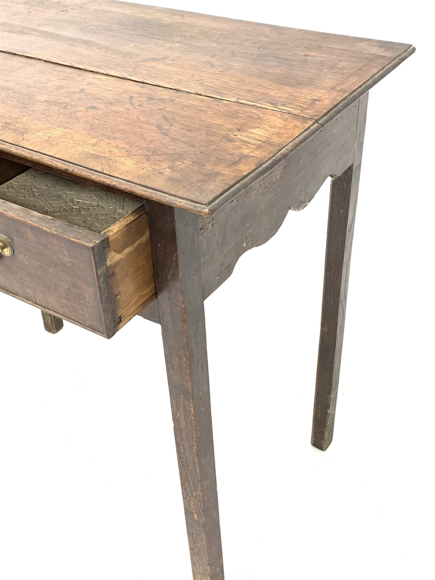 George III oak side table, mahogany crossbanded top and two drawers, raised on square chamfered supp - Image 2 of 3