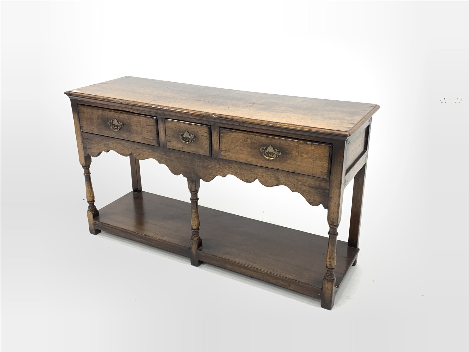 18th century style oak dresser, rectangular moulded top over three drawers, shaped apron, raised on - Image 2 of 4