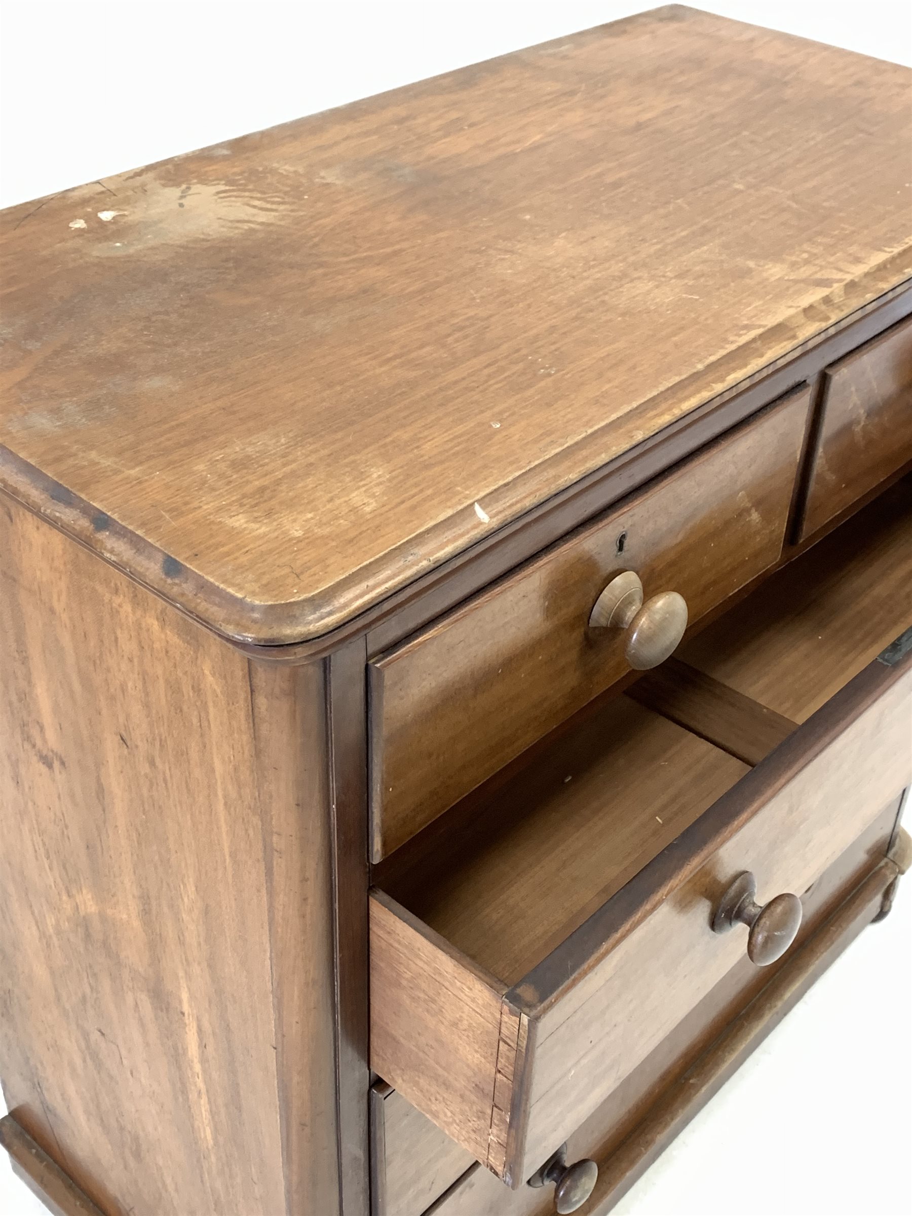 Early Victorian mahogany chest fitted with two short and three long drawers, raised on compressed bu - Image 3 of 4