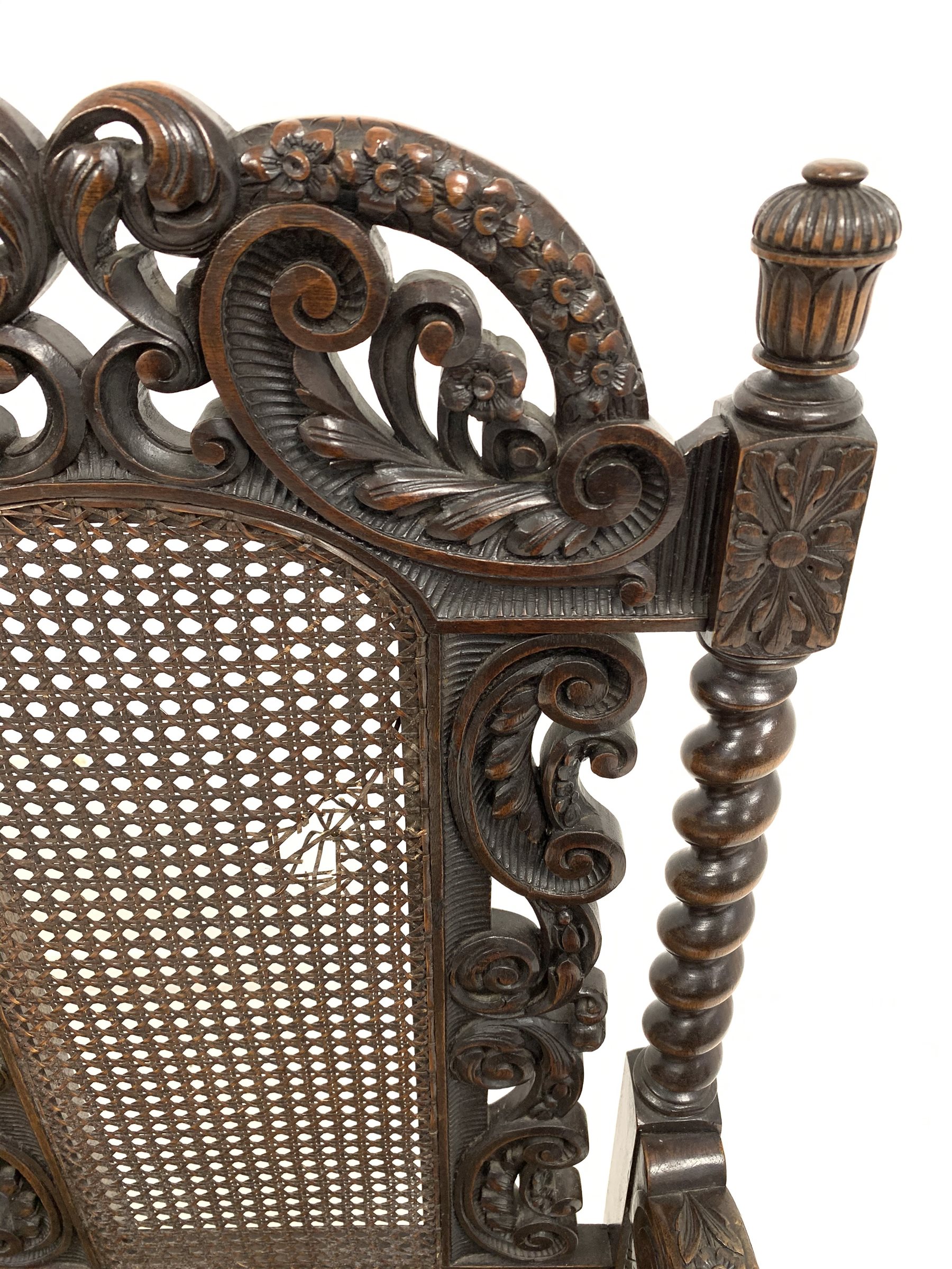 Early 20th century William and Mary style walnut hall seat, with cane panels to back, profusely carv - Image 8 of 8