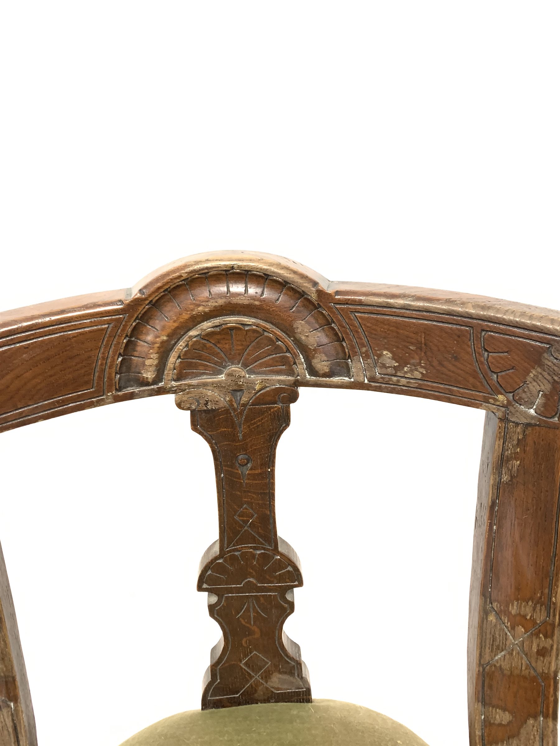 Set six Late Victorian oak dining chairs, lunette carved crest rail over upholstered seats, raised o - Image 4 of 4