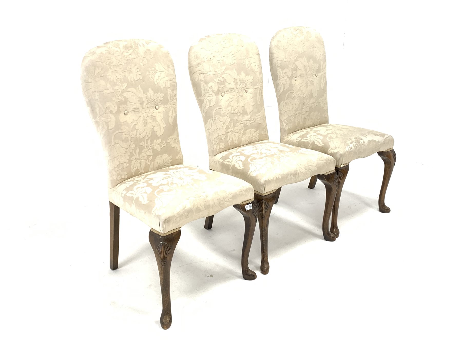 Set of three early 20th century Queen Anne style stained beech chairs, upholstered in white damask f - Image 2 of 3