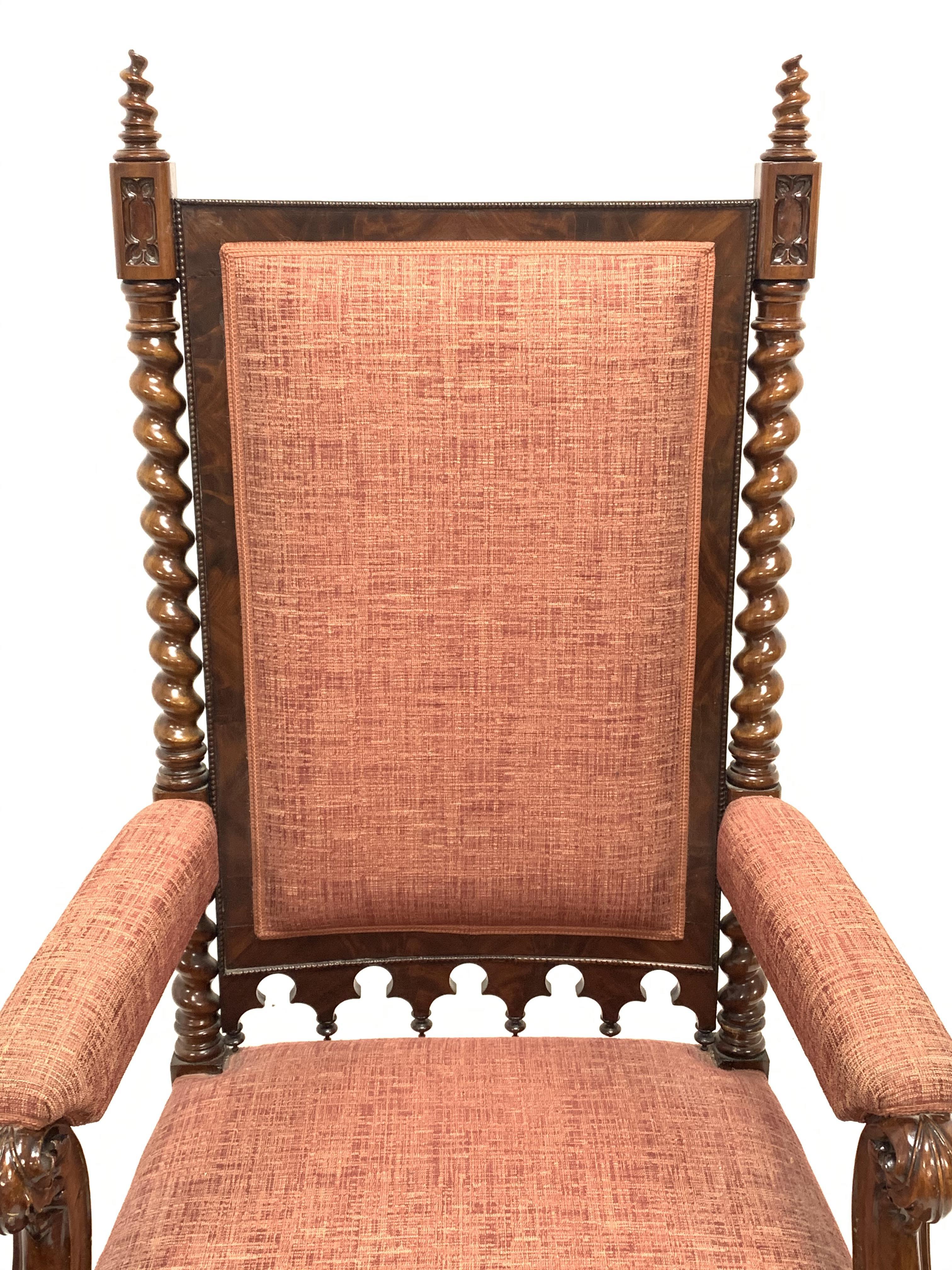 19th century Puginesque mahogany throne chair, the upholstered back surrounded by figured mahogany b - Image 12 of 12