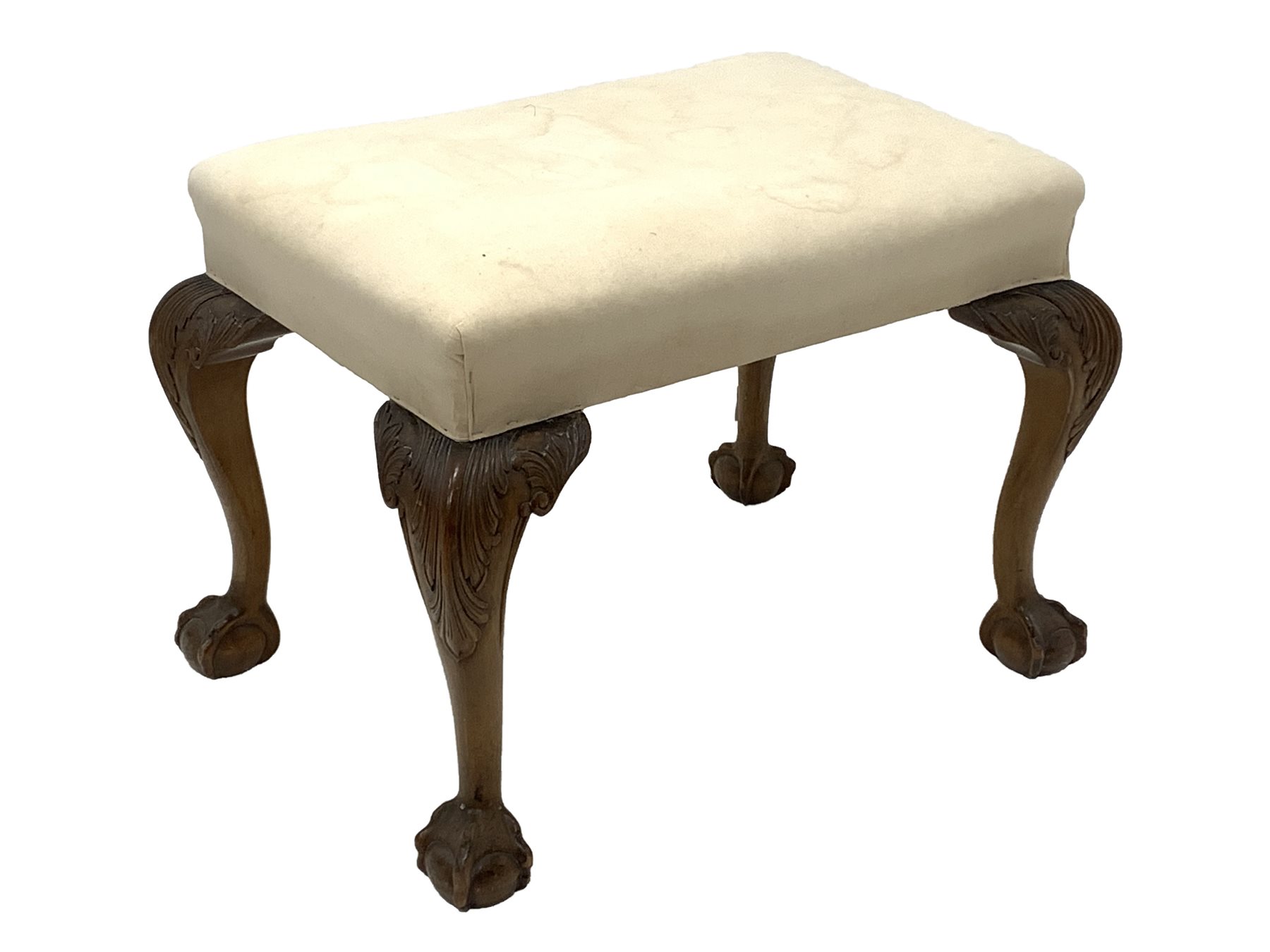 20th century walnut footstool, raised on acanthus leaf carved cabriole supports with ball and claw f