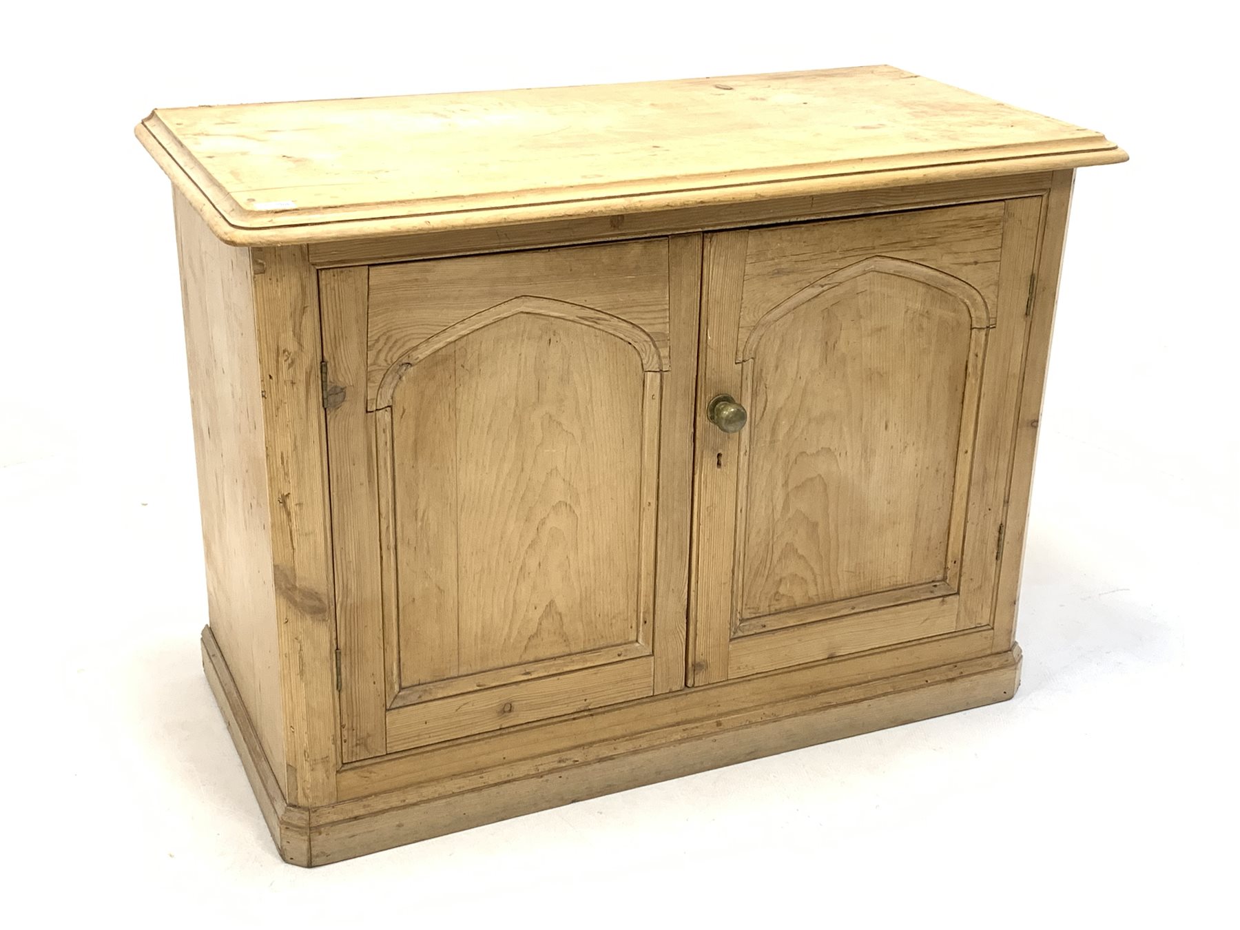 Victorian pine side cabinet, moulded top over double fielded panelled doors enclosing shelves, skirt - Image 2 of 4