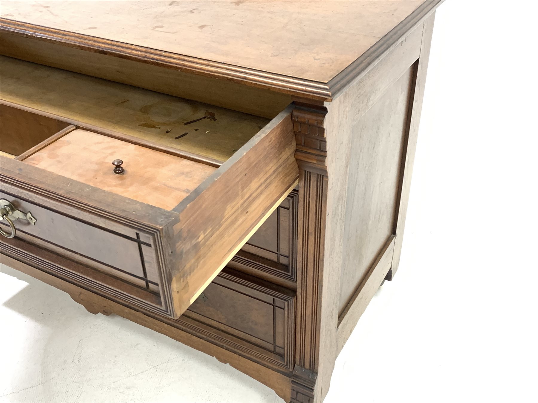 Edwardian walnut chest, with arched raised back and moulded top over three drawers carved with incis - Image 3 of 4