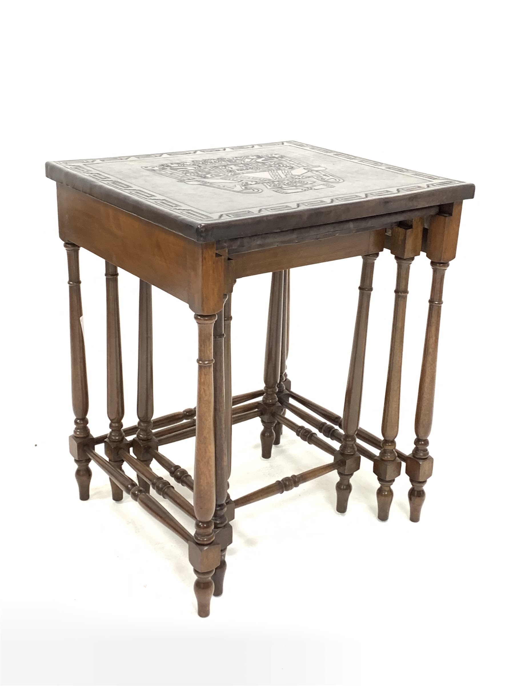 20th century mahogany nest of three tables, each table having a leather covered top decorated with a - Image 2 of 3