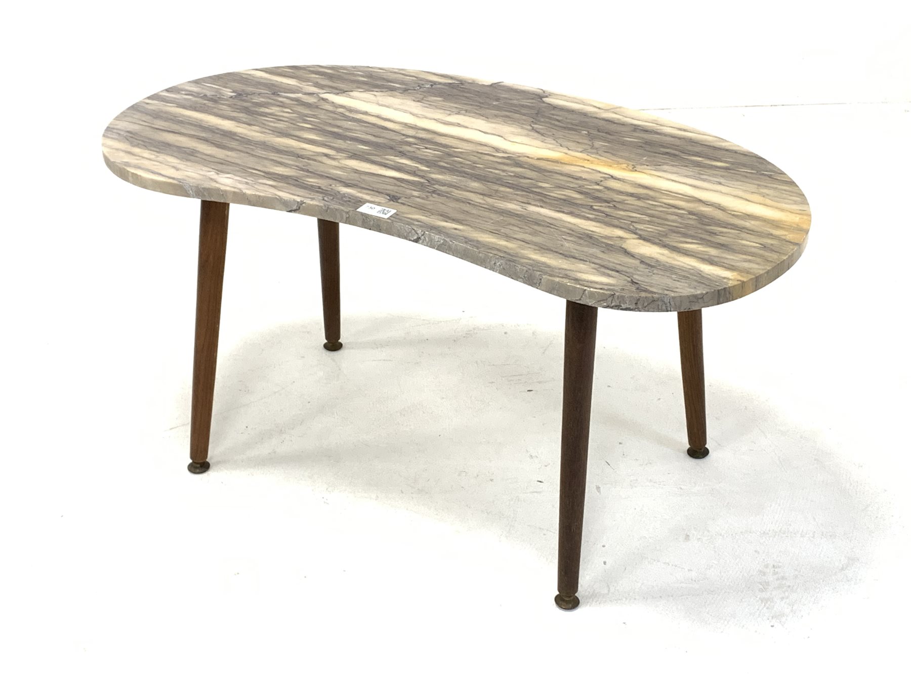 Italian mid century kidney shaped marble top coffee table, raised on turned teak supports