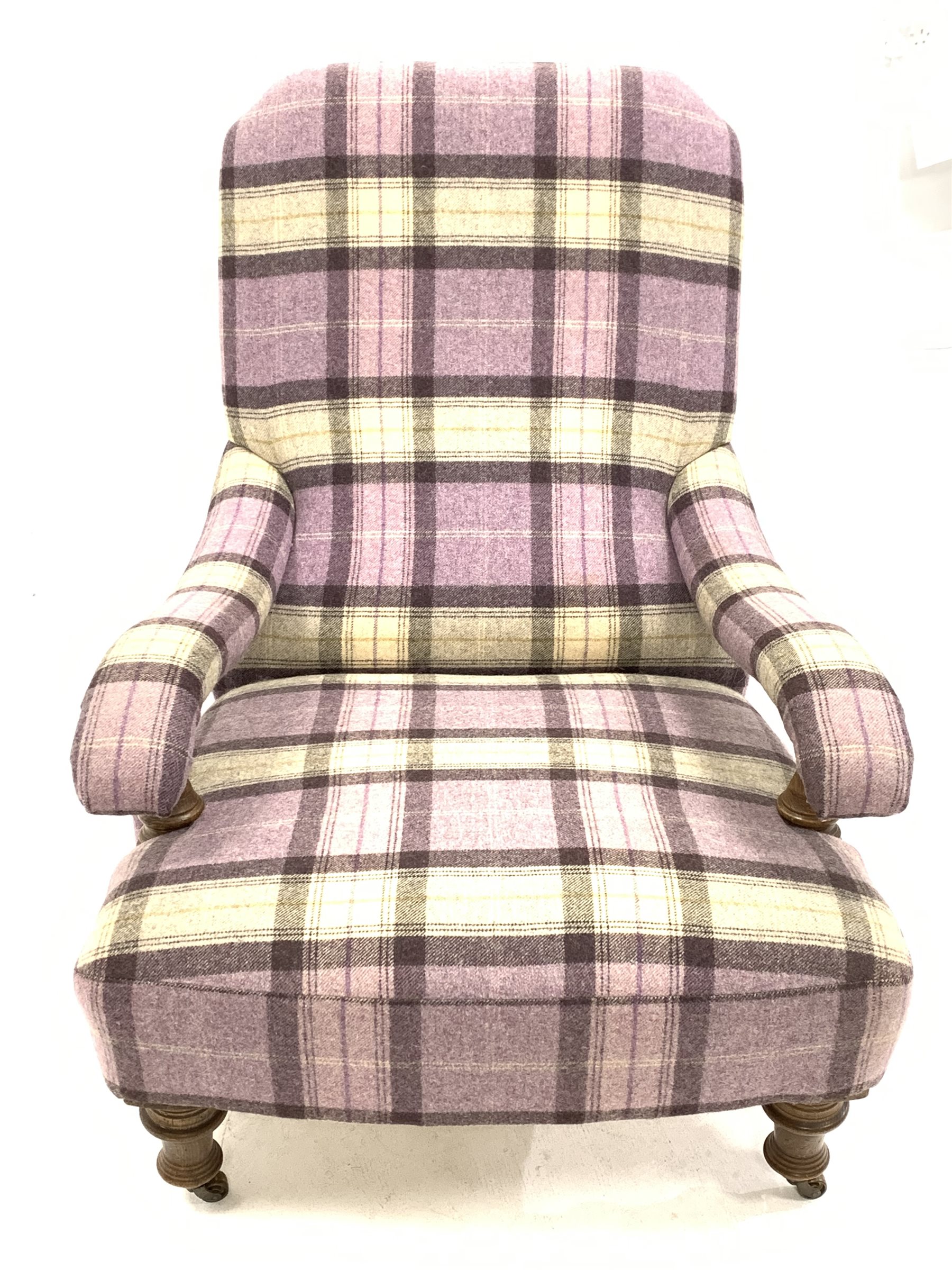 Victorian style low armchair upholstered in chequed wool, with open arms raised on turned oak front - Image 3 of 4