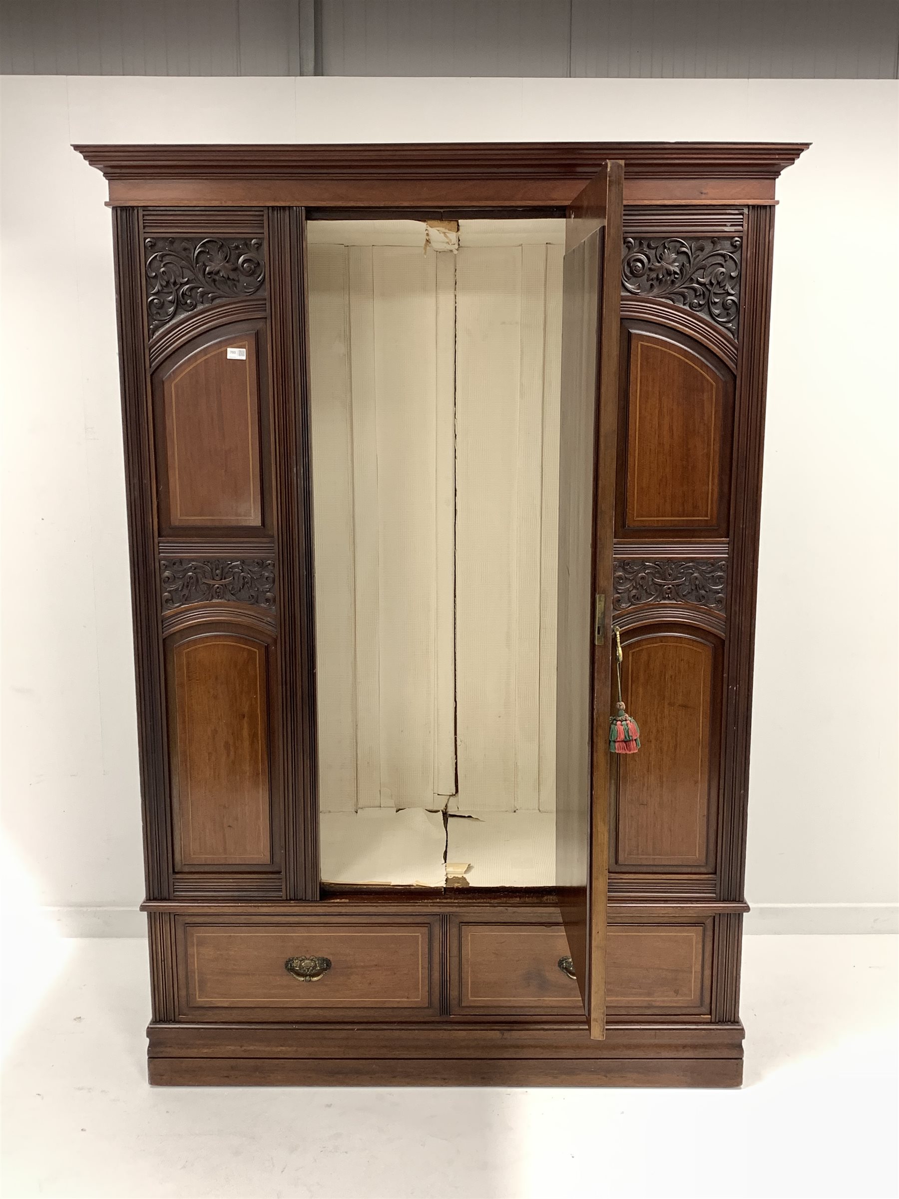 Late Victorian mahogany wardrobe, projecting cornice over panelled and carved front, centre bevelled - Image 5 of 7