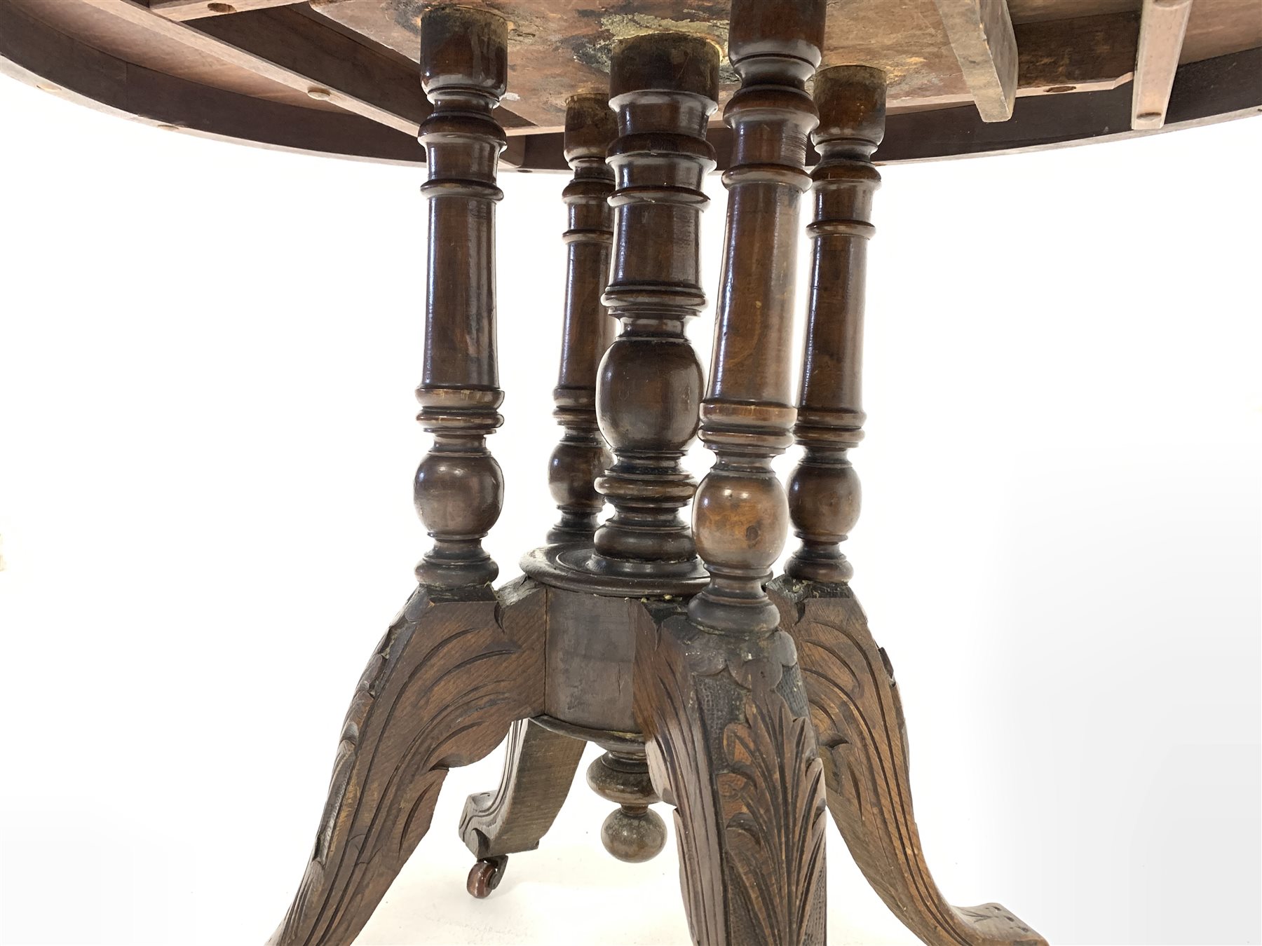 Victorian walnut oval centre table, floral inlaid marquetry to centre encircled by boxwood stringing - Image 4 of 4