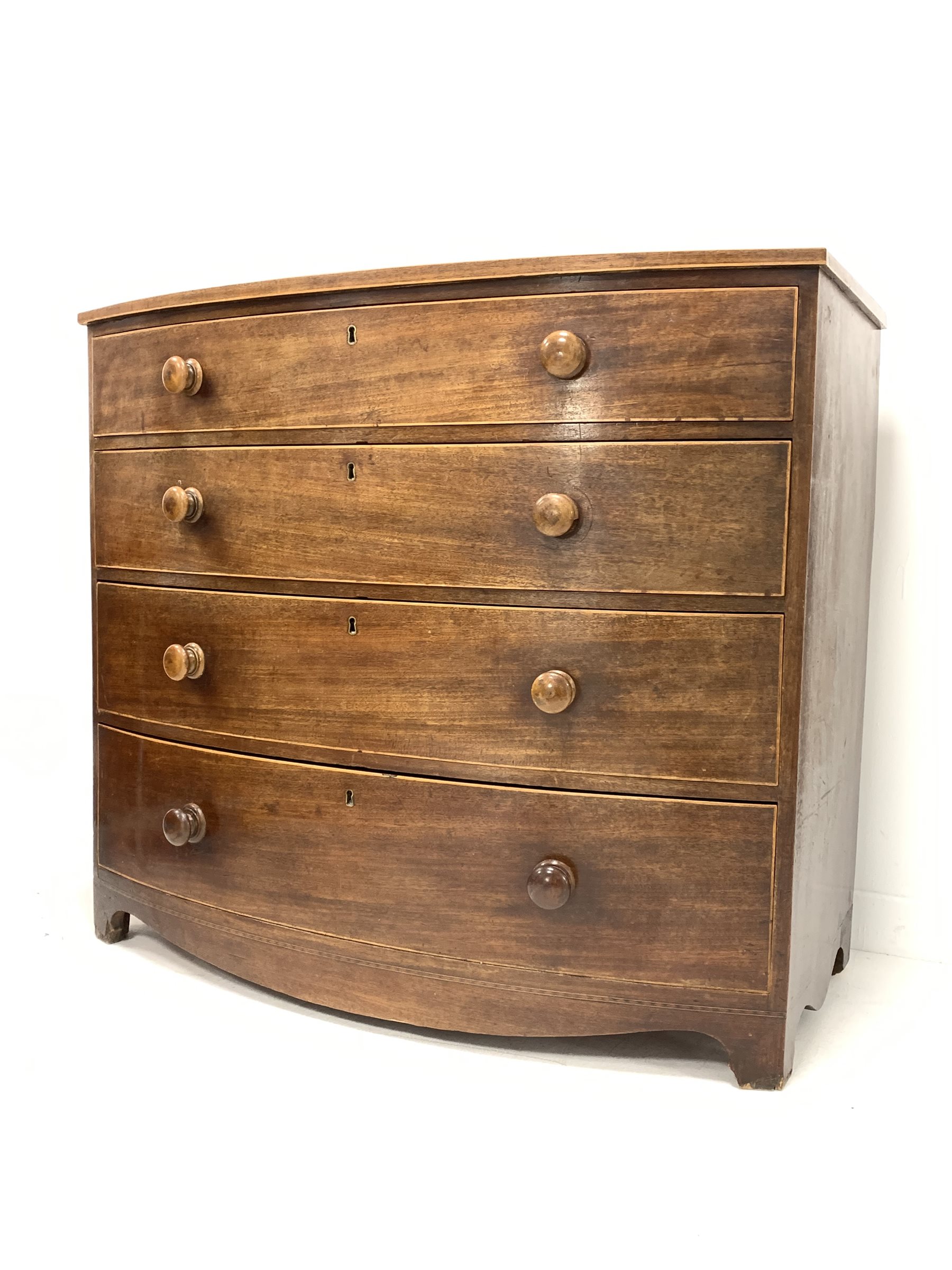 Early to mid 19th century mahogany and boxwood strung bow front chest fitted with four long graduate - Image 2 of 3