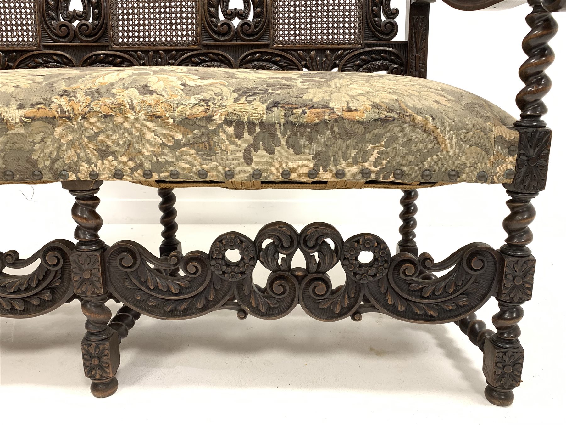 Early 20th century William and Mary style walnut hall seat, with cane panels to back, profusely carv - Image 4 of 8