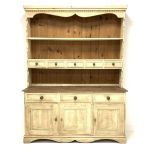 20th century painted pine dresser, dentil cornice over two shelves and five trinket drawers three dr