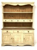 20th century painted pine dresser, dentil cornice over two shelves and five trinket drawers three dr