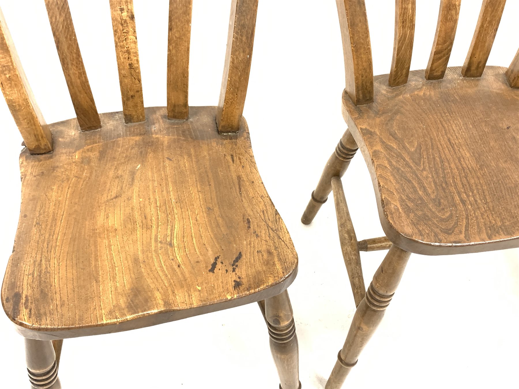 Set of four country elm and beech dining chairs, with shaped seats raised on ring turned supports an - Image 3 of 3