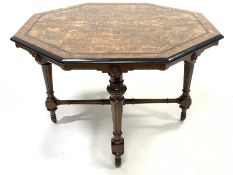 Victorian Aesthetic period centre table, the octagonal burr walnut top with boxwood string inlay, eb