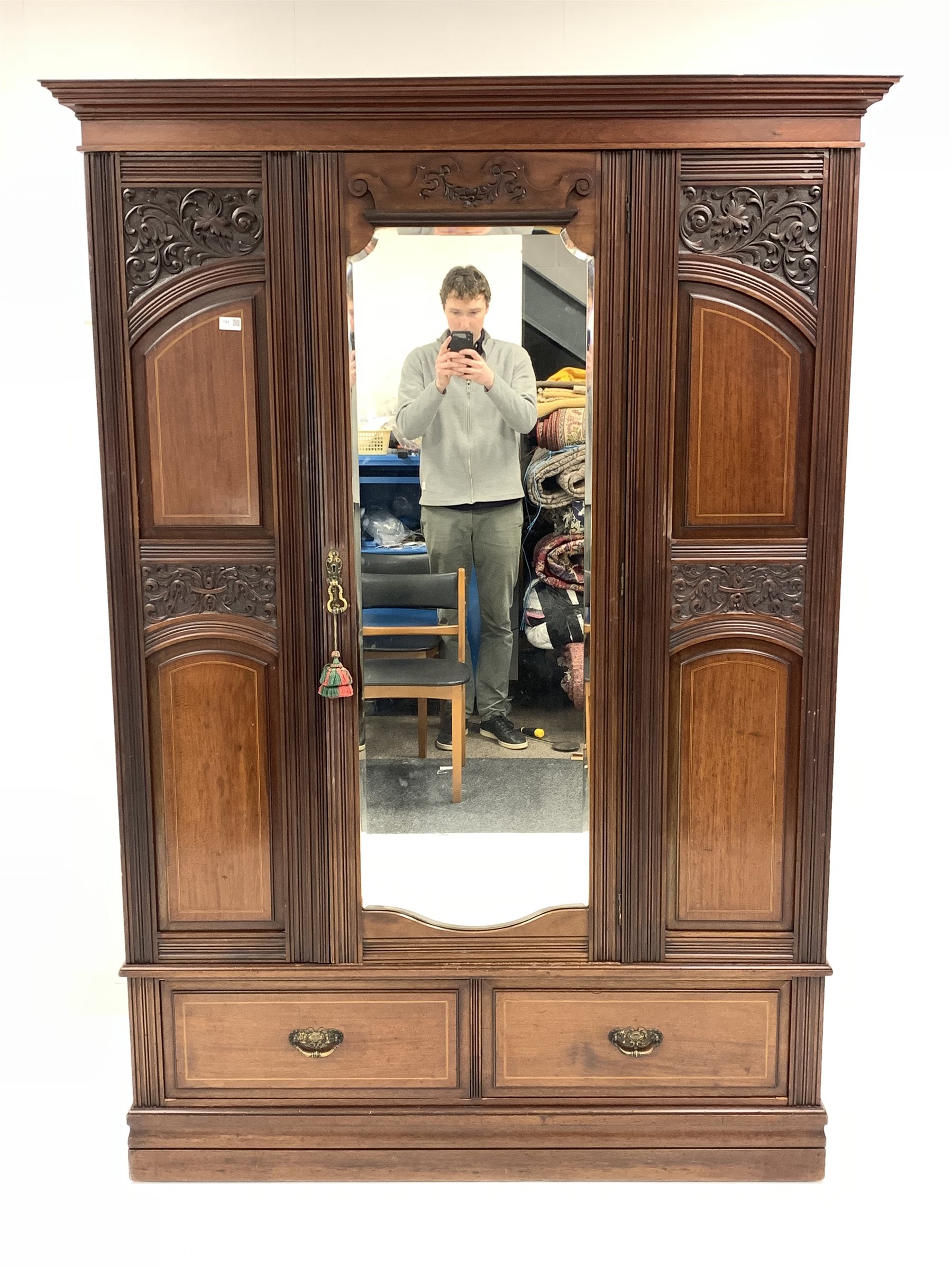 Late Victorian mahogany wardrobe, projecting cornice over panelled and carved front, centre bevelled - Image 2 of 7