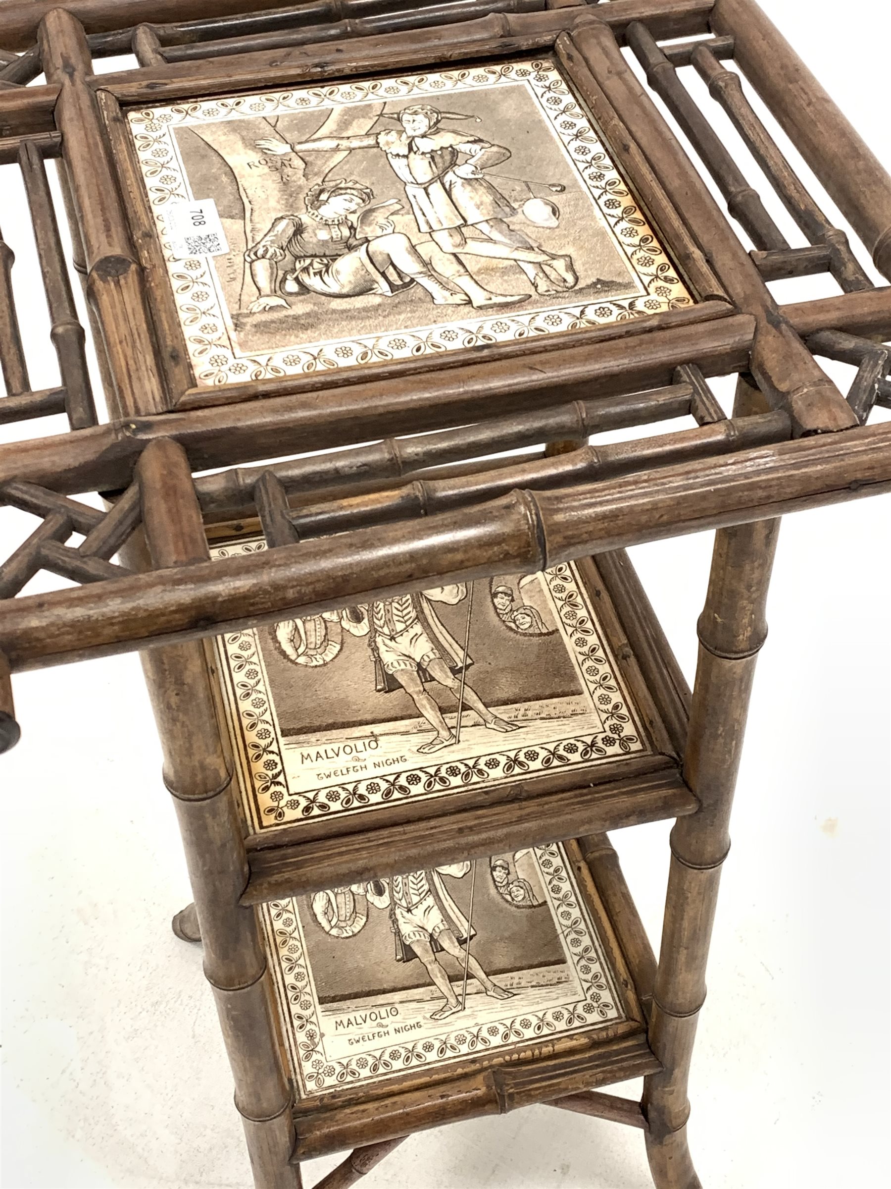 Victorian Aesthetic style bamboo occasional table, with three tiers each inset with a tile depicting - Image 2 of 3