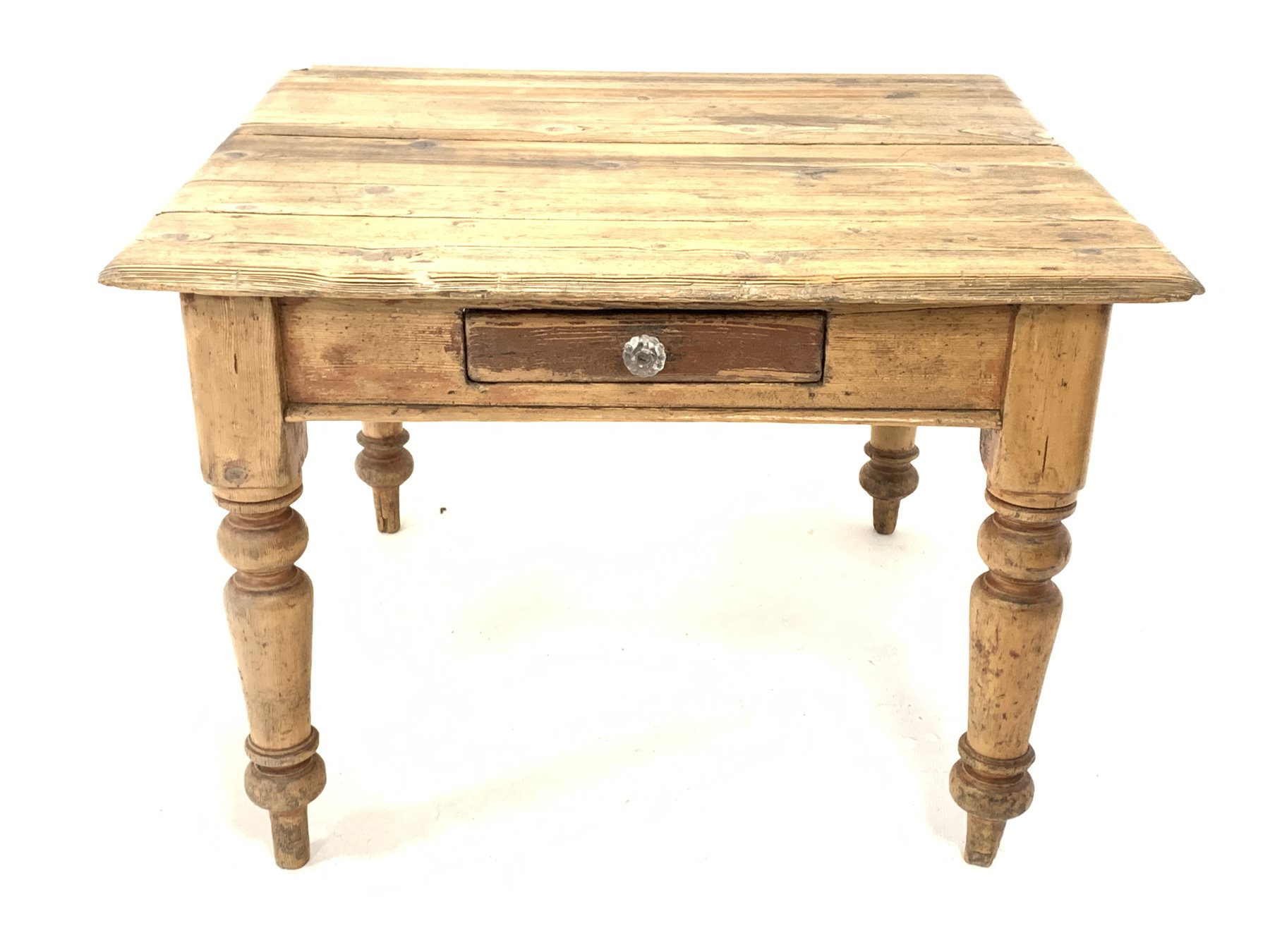 Victorian pine kitchen dining table, fitted with one drawer, raised on turned supports - Image 2 of 5