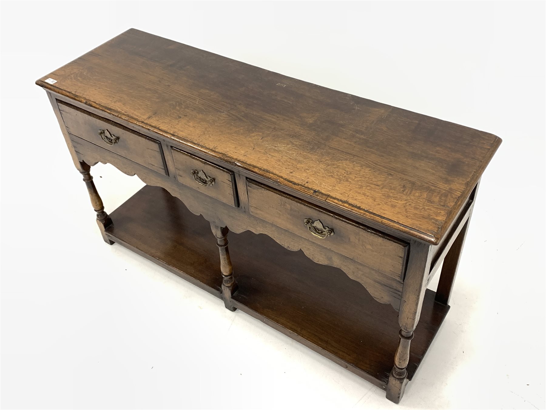 18th century style oak dresser, rectangular moulded top over three drawers, shaped apron, raised on - Image 4 of 4