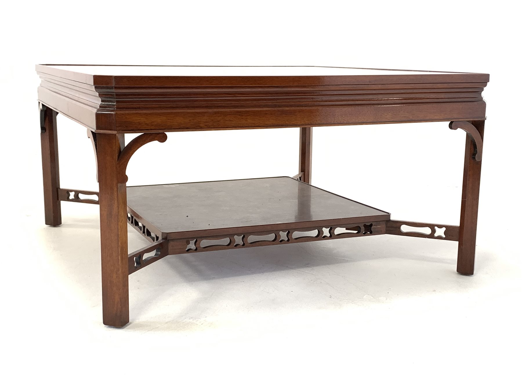 20th century mahogany coffee table, square top with canted corners raised on chamfered supports unit - Image 2 of 3