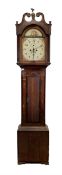 19th century oak and mahogany banded longcase clock, white enamel dial with Arabic chapter ring, sub